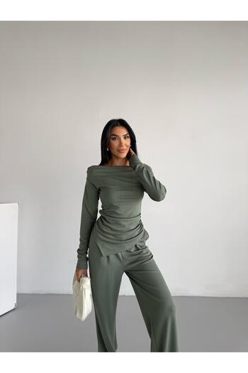 Famel Butik Women's Draped Asymmetrical Cut Blouse Pants Modal Set