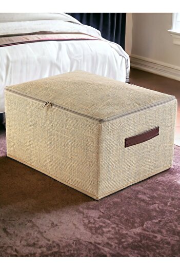 HomyJRs 35×42×23 Beige Jute Fabric Supported Storage Box – Storage Box with Leather Handle