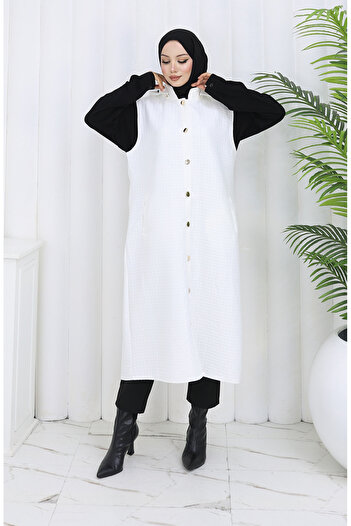 sefamerve Quilted Fabric Buttoned Vest 0186-05 Ecru
