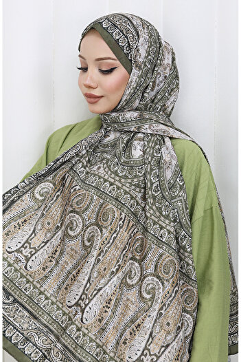 sefamerve Ethnic Pattern Voile Shawl 70303-05 Khaki