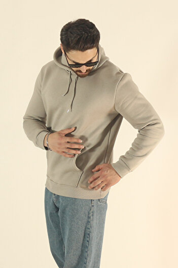 EydaMoon Men's Basic Winter Soft Textured Sweatshirt - Stone Regular Kangaroo Pocket Hoodie