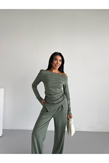 Famel Butik Women's Draped Asymmetrical Cut Blouse Pants Modal Set