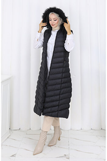 sefamerve Hooded Zippered Puffer Long Vest 0178-01 Black