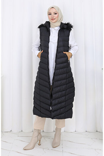 sefamerve Hooded Zippered Puffer Long Vest 0178-01 Black