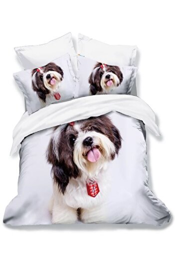 OEM Bed linen, 2 persons, 3D, fine, 6 pieces, white, puppy print, LFA13