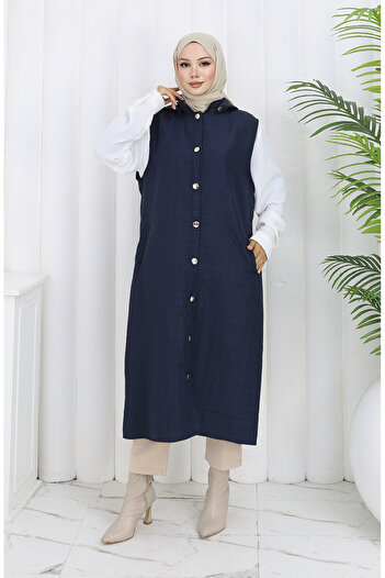 sefamerve Quilted Fabric Buttoned Vest 0186A-01 Navy Blue