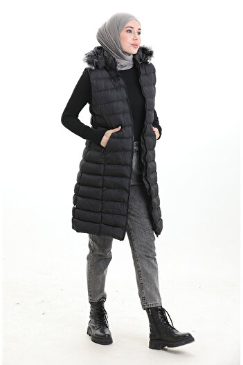 sefamerve Hooded Zippered Puffer Vest 0169B-01 Black