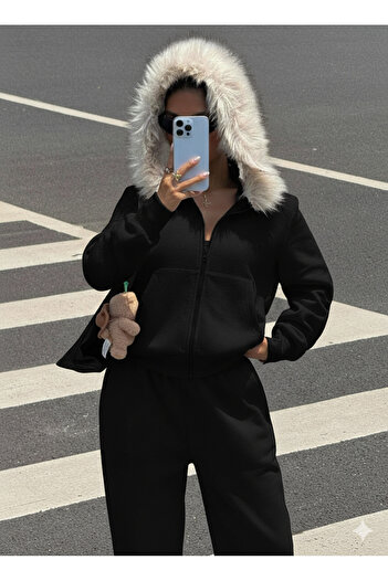 Afri Women's Black Zippered Hooded Sweatshirt Tracksuit Set – Furry Hood, Pockets, Comfortable Fit