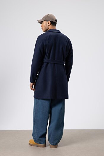 VAMOSCLO Belted Oversize Cashmere Coat Navy Blue