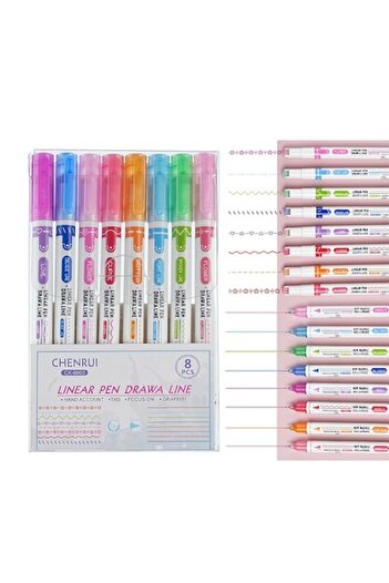 SIPEDO Set of 8 liners, double tip, school, notes, different pattern roll, quick-drying, Permanent water-ba