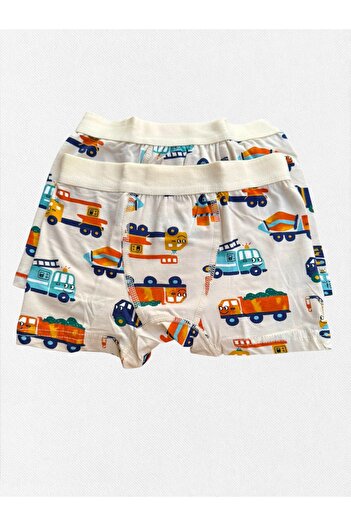 elmas kids Erkek Çocuk %100 Pamuklu Krem Renk İş Makinesi Desenli Ağ Kısmı Dikişli Geniş Lastikli 2'li Boxer