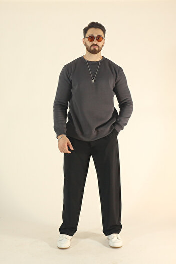EydaMoon Men's Basic Winter Fleece-Lined Sweatshirt - Dark Smoked Regular Crew Neck