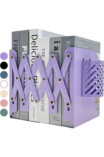fulina Book Ends with Pen Holder,Adjustable,Metal for Heavy Books,for Desk,Kids Room,Office,Classroom