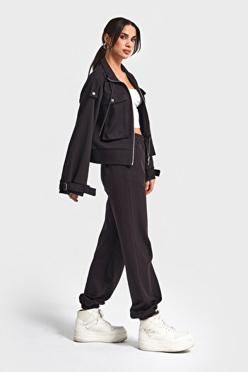 its basic Women's Black Color W5-1 Knitted Fabric Bottom Top 2-Piece Combination Set