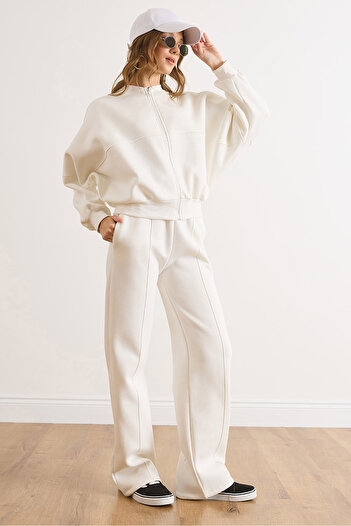 Olalook Women's White Zippered Top with Stitching Detail on the Bottom Tracksuit Set Etkm-0000085