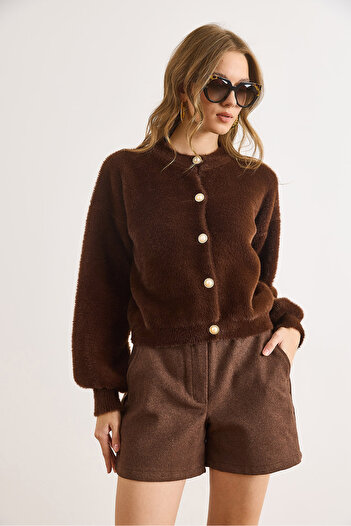 Olalook Women's Bitter Brown Button Detailed Soft Textured Beard Knitwear Cardigan Hrk-19000430