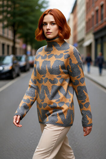 PayBuy Pulover de tricotat oversize pentru femei, cu guler înalt, cu model geometric modern, ideal pentru zilele reci de iarnă, de bună calitate