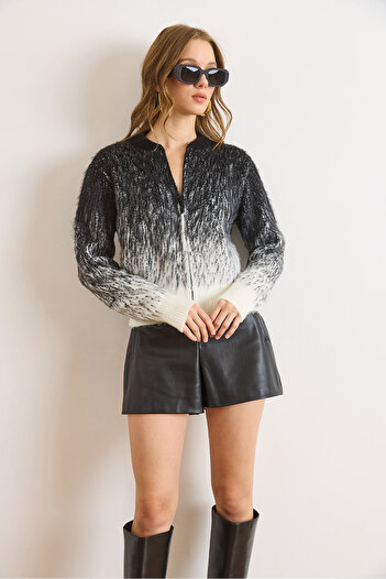 Olalook Women's Black Zippered Cropped Knit Cardigan Jacket Ckt-19000491