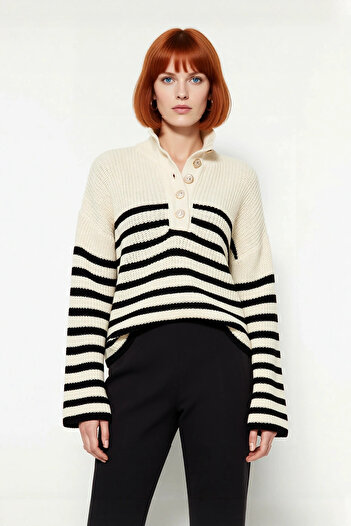 PayBuy Pulover de tricotat cu dungi oversize pentru femei, cu mâneci joase, croială crop, stil casual, elegant, iarnă, de bună calitate