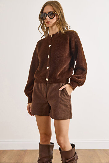 Olalook Women's Bitter Brown Button Detailed Soft Textured Beard Knitwear Cardigan Hrk-19000430