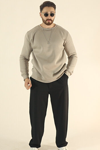 EydaMoon Men's Basic Winter Fleece-Lined Sweatshirt - Stone Regular Crew Neck