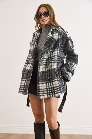 Olalook Women's Black and White Pocketed Belted Thick Plaid Unlined Cashmere Coat Kbn-19000020
