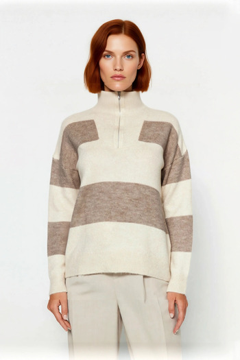 PayBuy Pulover de tricotat pentru femei, oversize, cu fermoar, cu dungi, cu guler ridicat, cu mâneci joase, alegere elegantă pentru zilele de iarnă