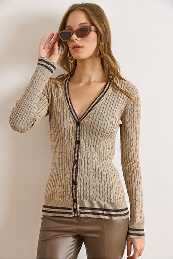 Olalook Women's Stone Stripe Detailed Hair Knitwear Cardigan Hrk-19000428