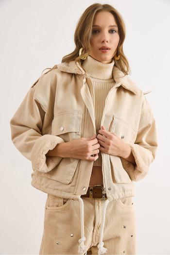 Olalook Women's Ecru Cotton Gabardine Coat with Fur Detail Kbn-19000017