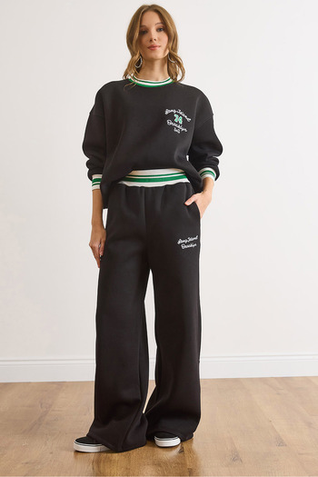 Olalook Women's Black Stripe Detailed Embroidered Thick Tracksuit Set Etkm-0000086