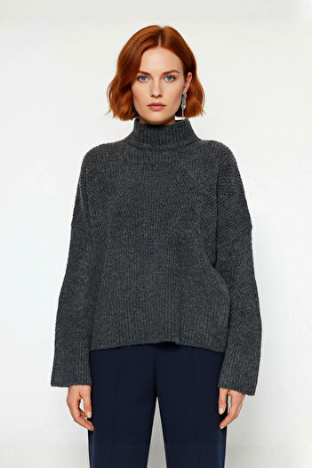 PayBuy Pulover de damă, gri, oversize, cu guler înalt, din acril, țesut din Sizilie, cu mânecă lungă, tricot de bază, de calitate, elegant