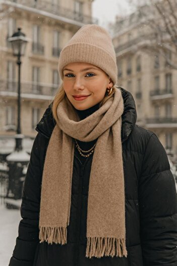 MARBERRY Camel Soft Textured Knitwear Scarf Beanie Set of 2