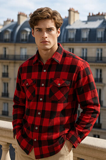 COMBİNE MİCHAİL Men's Long Sleeve Winter Burgundy Lumberjack Shirt