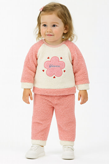 Bubito Winter Plush Welsoft Baby Girl Children's 2-Piece Set with Flower Image-Salmon