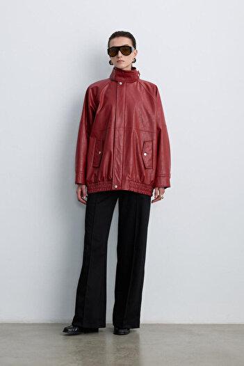 BE BLUE Cherry Stand-Up Collar Leather Bomber Jacket