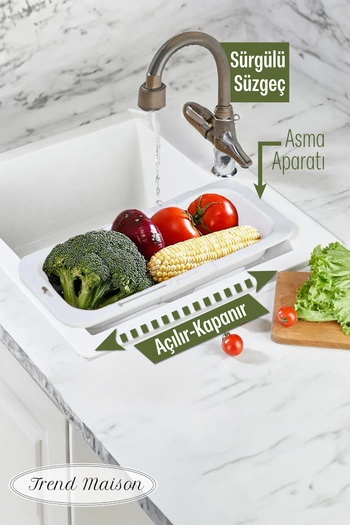 Trend Maison Sliding Adjustable Practical Sink Strainer, Long Short Adjustment Sink, Fruit Vegetable Salad Washing White