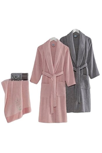 MILA HOME set: 2 unisex bathrobes and 2 towels, robe M, towel 50x90 cm, 100% cotton, 420 GSM, pink/g