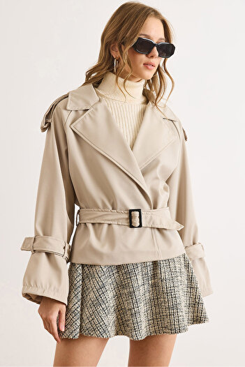 Olalook Women's Stone Lined Belted Short Bondit Trench Coat Trc-00000014