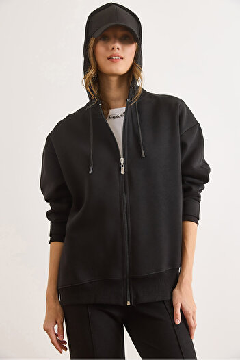 Olalook Women's Black Asymmetrical Ribbed Cuff Detailed Oversize Sweatshirt Swt-19000765