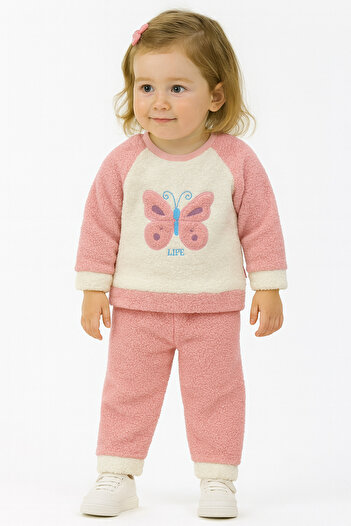 Bubito Butterfly Image Winter Plush Welsoft Baby Girl Kids 2-Piece Set-Salmon