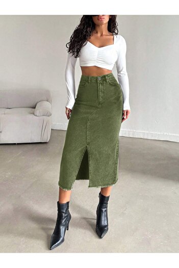 Dema Women's Denim Cotton Slit Long Khaki Skirt