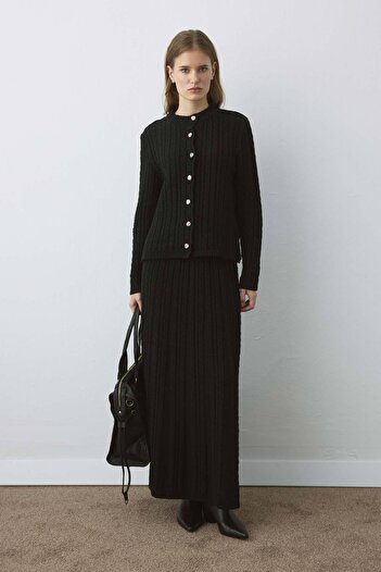 Hooopstore Knitted Textured Knitwear Black Skirt Set
