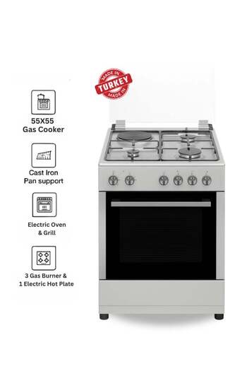 Venüs Venus 55x55 cm Stainless Steel Cooking Range | 3 Gas Burners + 1 Electric Hotplate | Electric Oven &