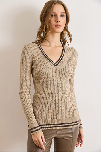 Olalook Women's Stone V-Neck Stripe Detailed Hair Knitwear Sweater Kzk-19001027