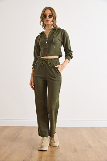 Olalook Women's Khaki Hooded Sweatshirt Pocketed Pants Thessaloniki Set Tkm-19000447