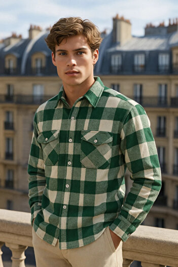 COMBİNE MİCHAİL Men's Long Sleeve Winter Green Lumberjack Shirt