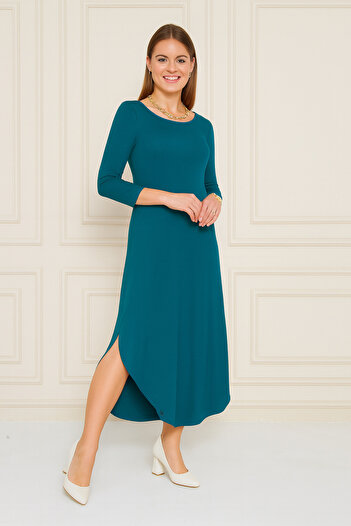 CrazyShopping Women's Long Sleeve Etegi Oval Slit Midi Length Loose Dress