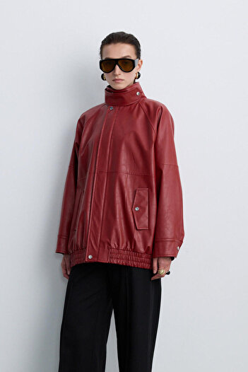 BE BLUE Cherry Stand-Up Collar Leather Bomber Jacket