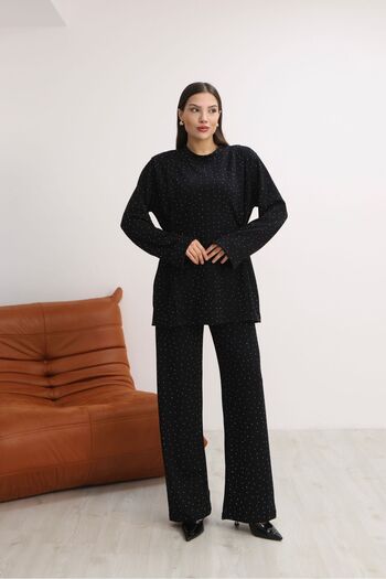 Mira İpek Modal Fabric Crystal Stone Detailed Women's Two-Piece Set