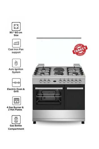 Venüs Venus 90x60 cm Stainless Steel Cooking Range | 4 Gas Burners + 2 Electric Hot Plates | Electric Oven